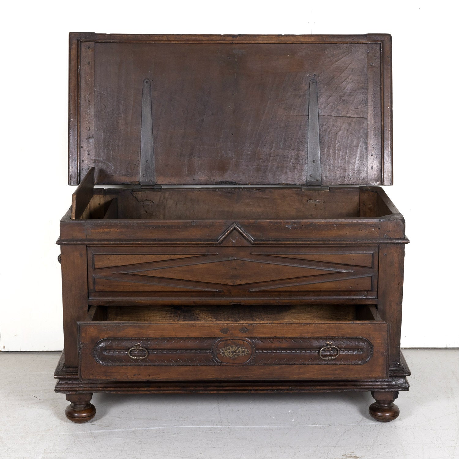Early 18th Century Louis XIII Style Solid Walnut Lyonnaise Coffer or Trunk with Large Drawer
