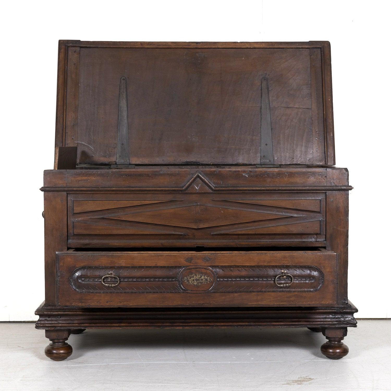 Early 18th Century Louis XIII Style Solid Walnut Lyonnaise Coffer or Trunk with Large Drawer