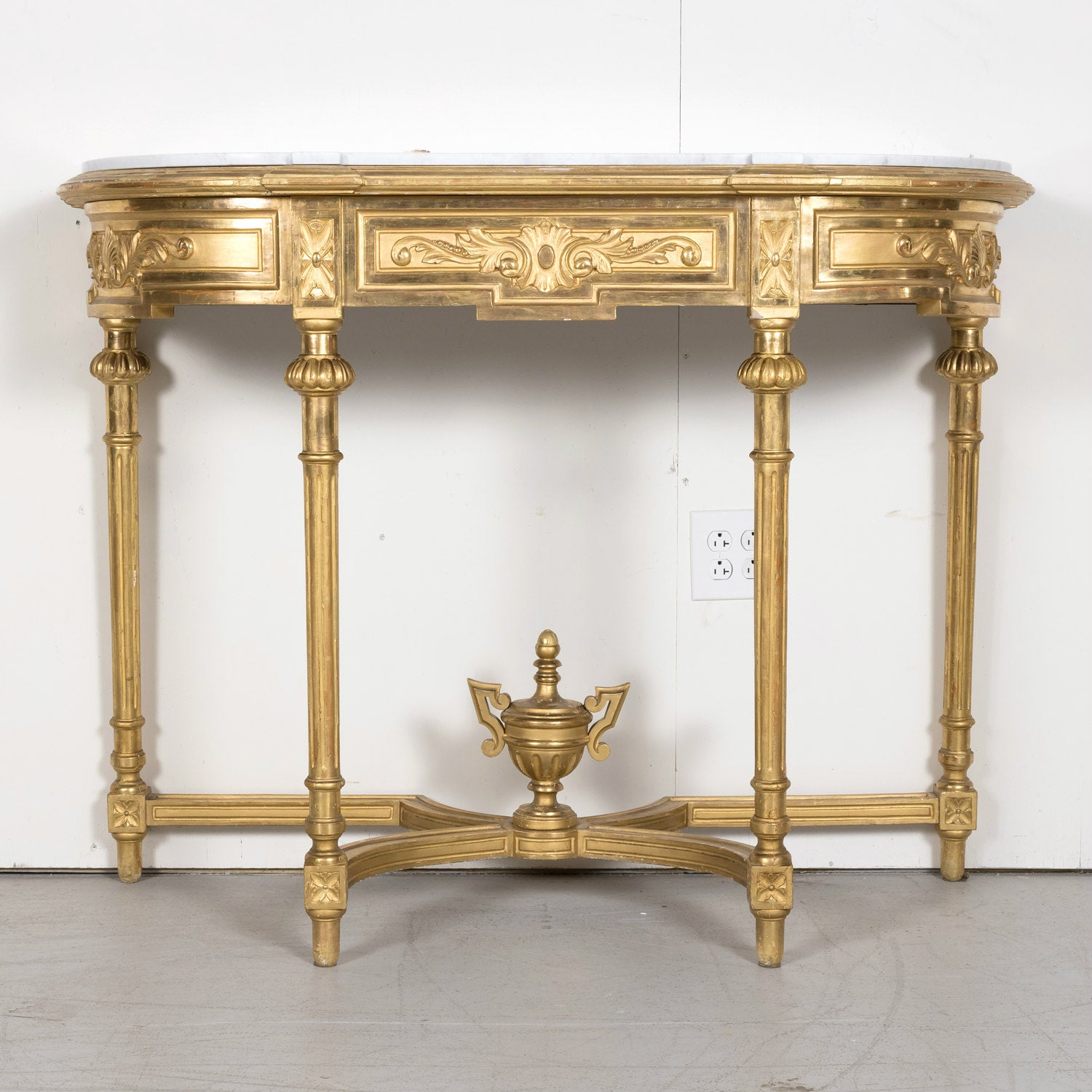19th Century French Louis XVI Style Carved Giltwood Wall Console with Carrara Marble Top