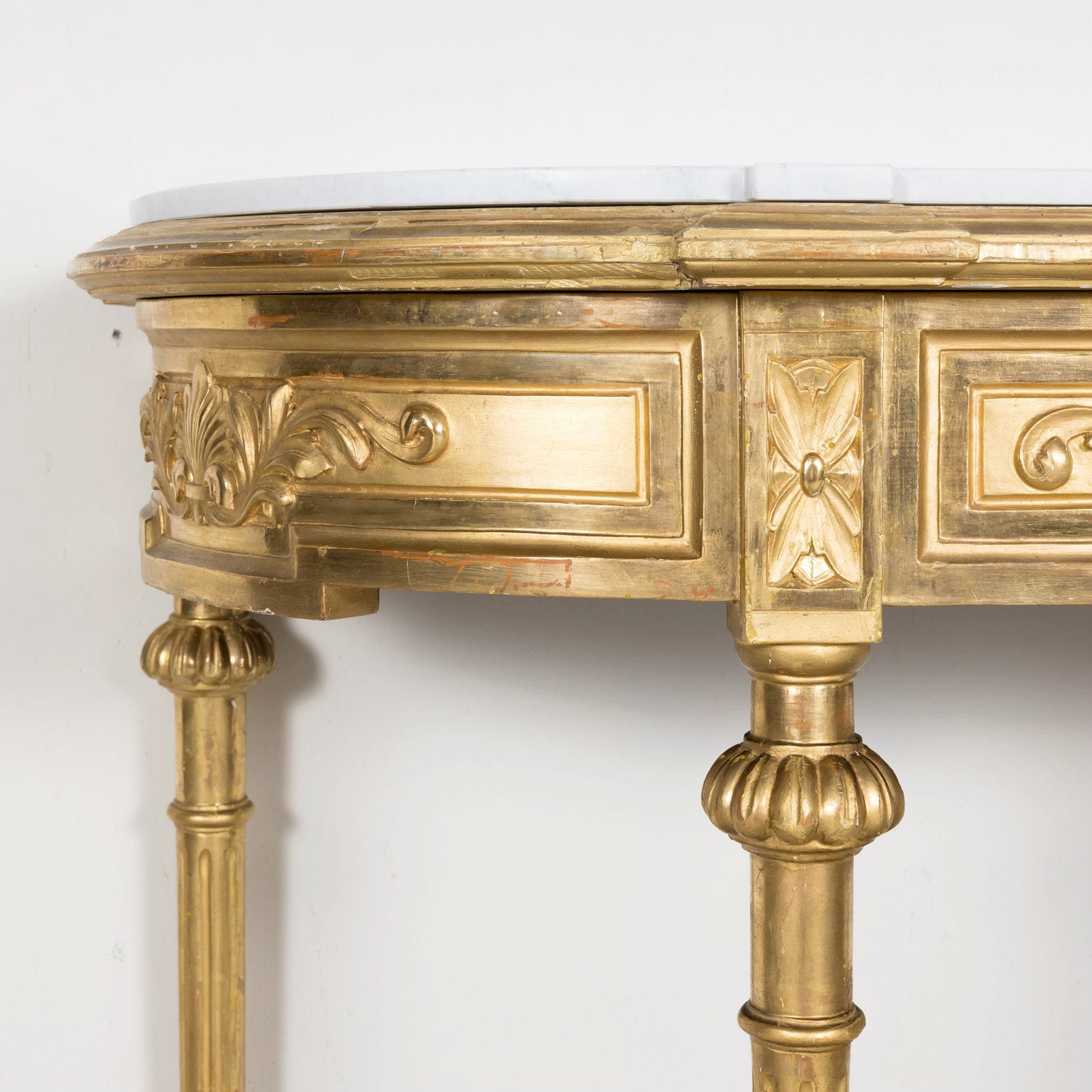 19th Century French Louis XVI Style Carved Giltwood Wall Console with Carrara Marble Top