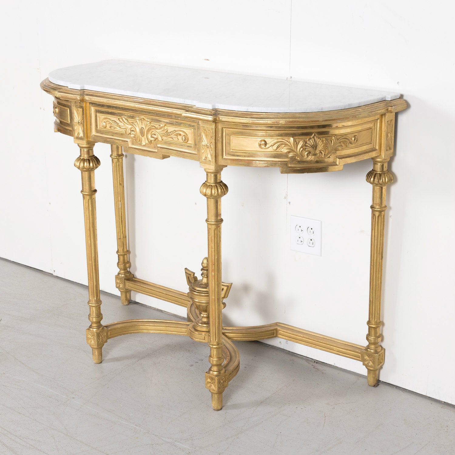 19th Century French Louis XVI Style Carved Giltwood Wall Console with Carrara Marble Top