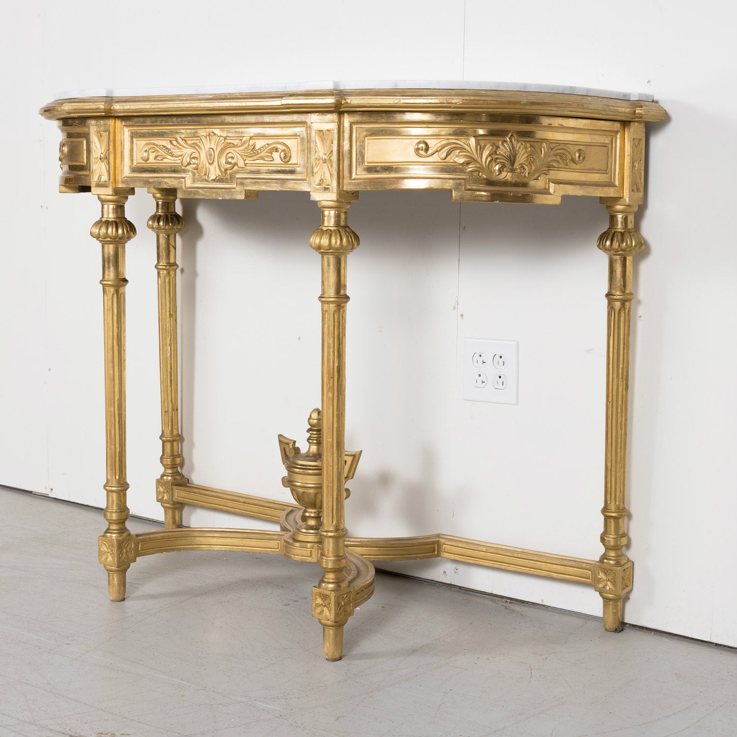 19th Century French Louis XVI Style Carved Giltwood Wall Console with Carrara Marble Top