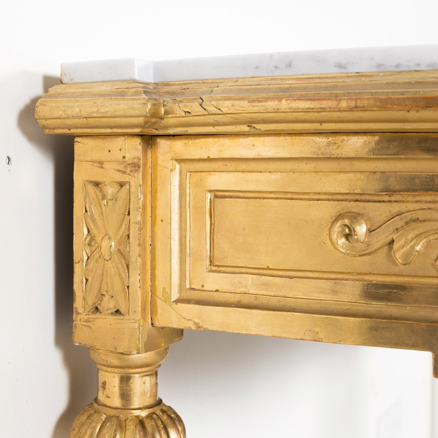 19th Century French Louis XVI Style Carved Giltwood Wall Console with Carrara Marble Top