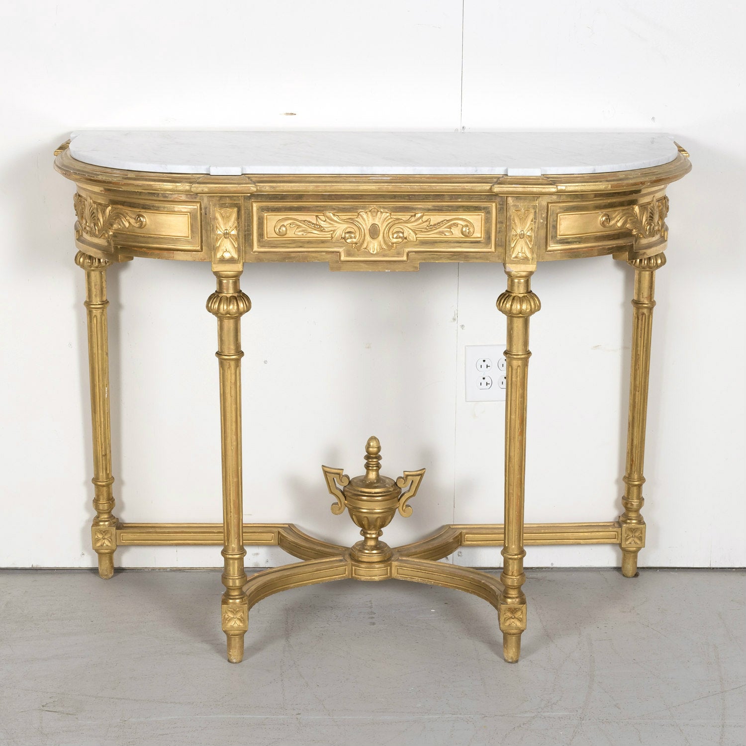 19th Century French Louis XVI Style Carved Giltwood Wall Console with Carrara Marble Top