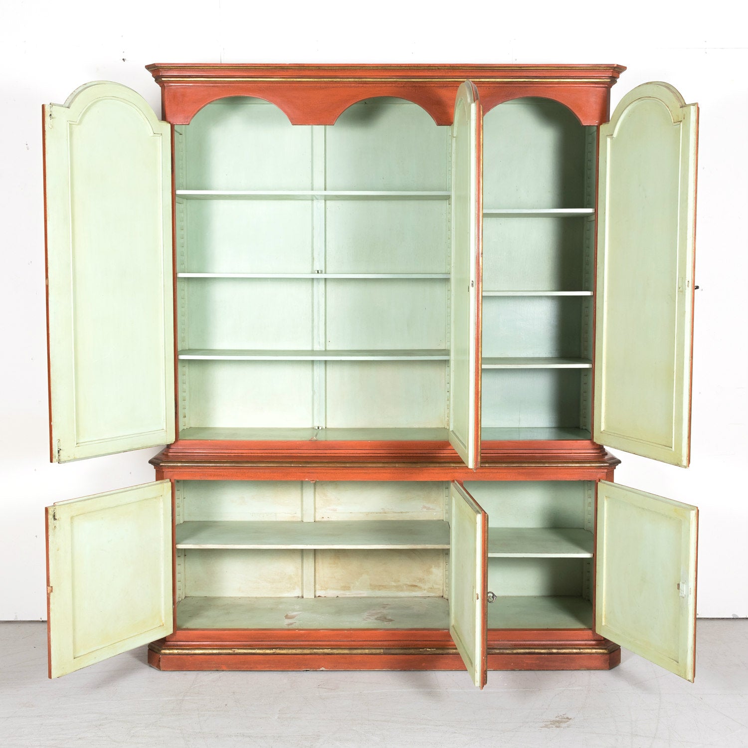 Mid-20th Century French Louis XIV Style Red Lacquer Chinoiserie Buffet Deux Corps