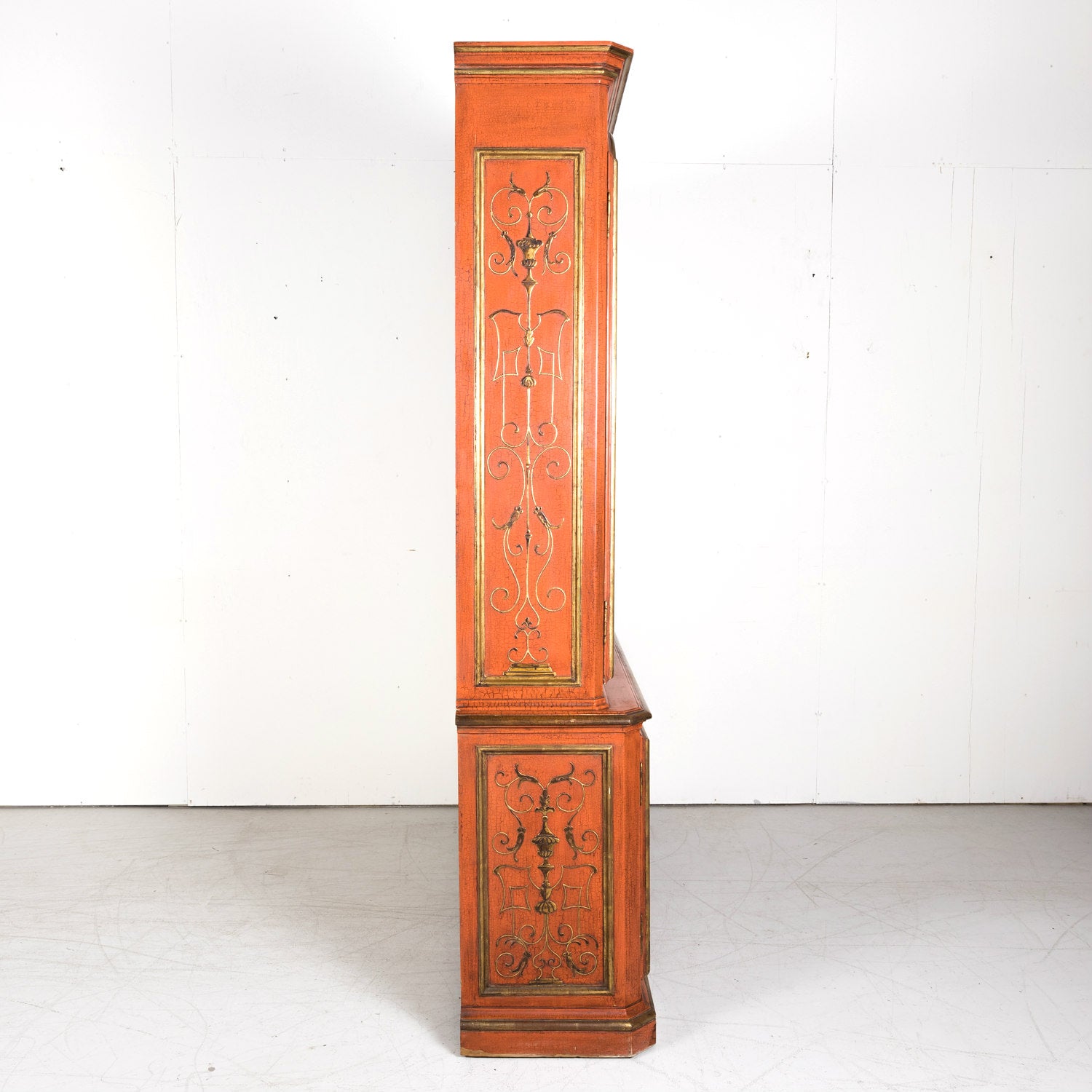 Mid-20th Century French Louis XIV Style Red Lacquer Chinoiserie Buffet Deux Corps