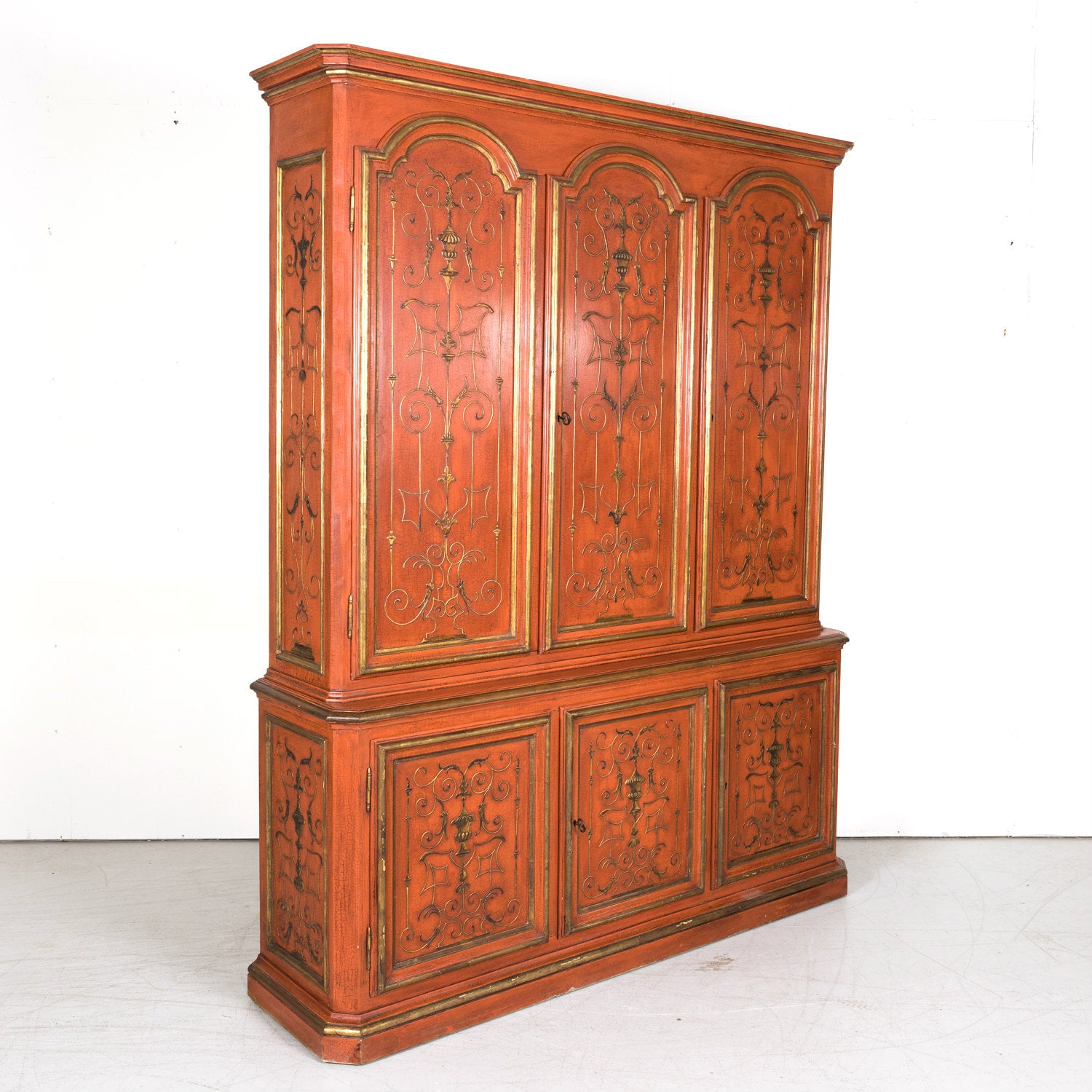 Mid-20th Century French Louis XIV Style Red Lacquer Chinoiserie Buffet Deux Corps