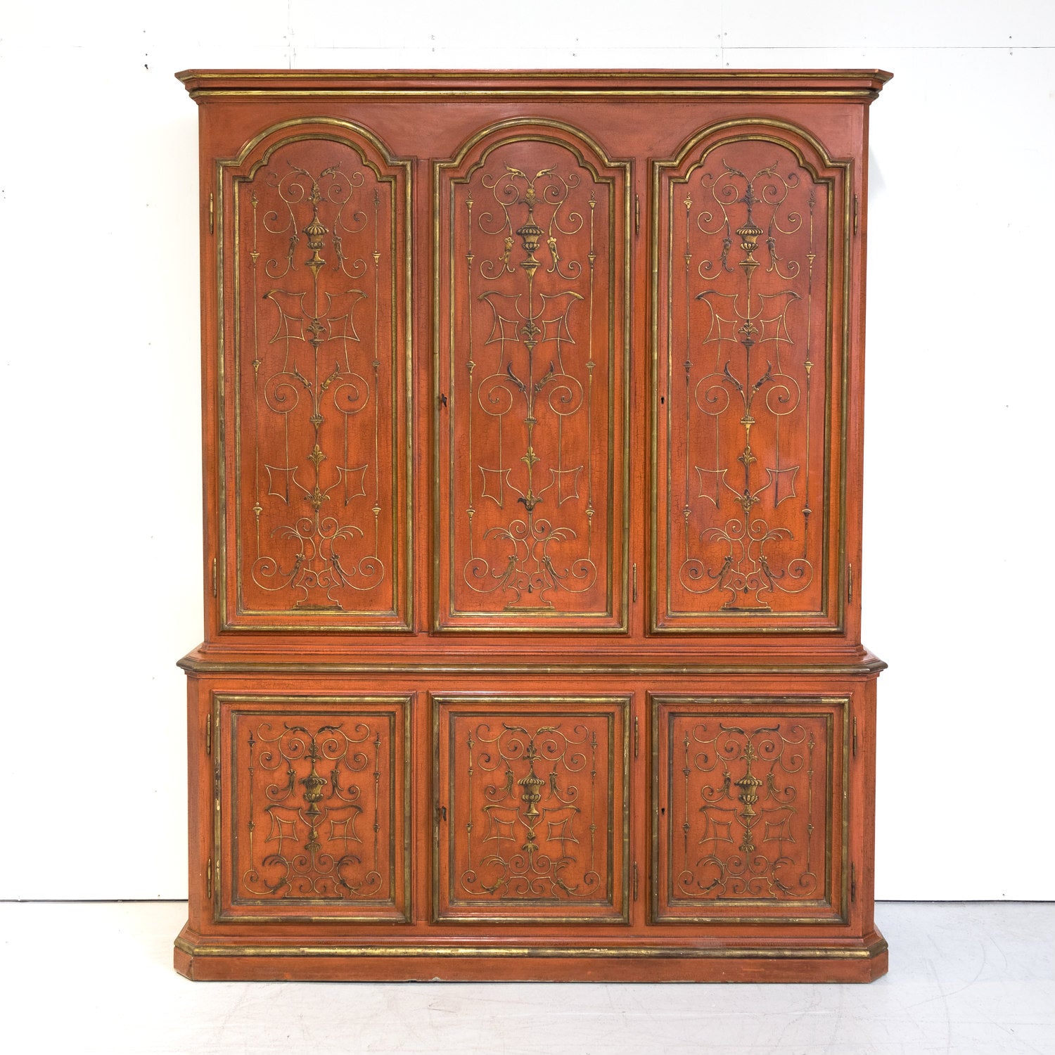 Mid-20th Century French Louis XIV Style Red Lacquer Chinoiserie Buffet Deux Corps
