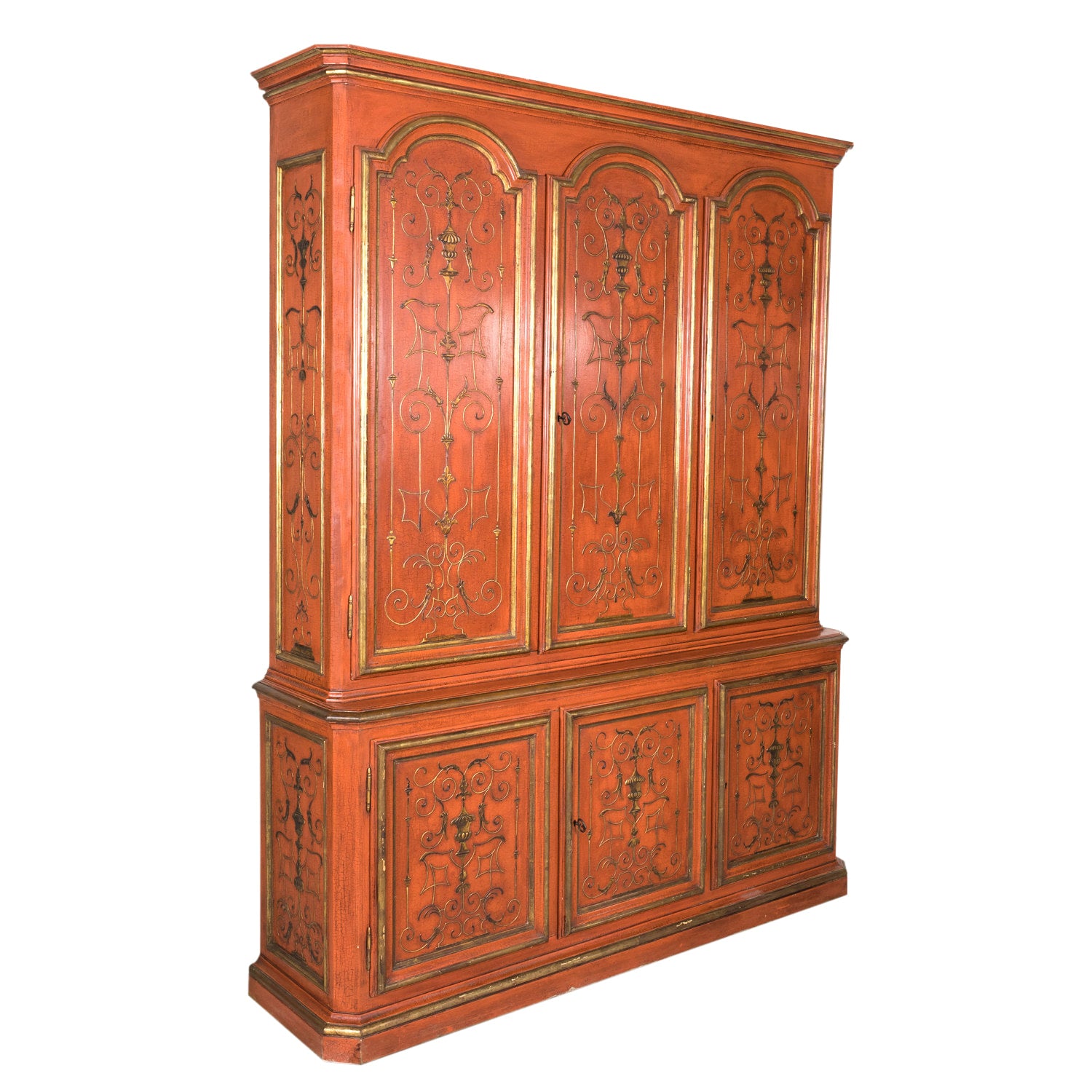 Mid-20th Century French Louis XIV Style Red Lacquer Chinoiserie Buffet Deux Corps