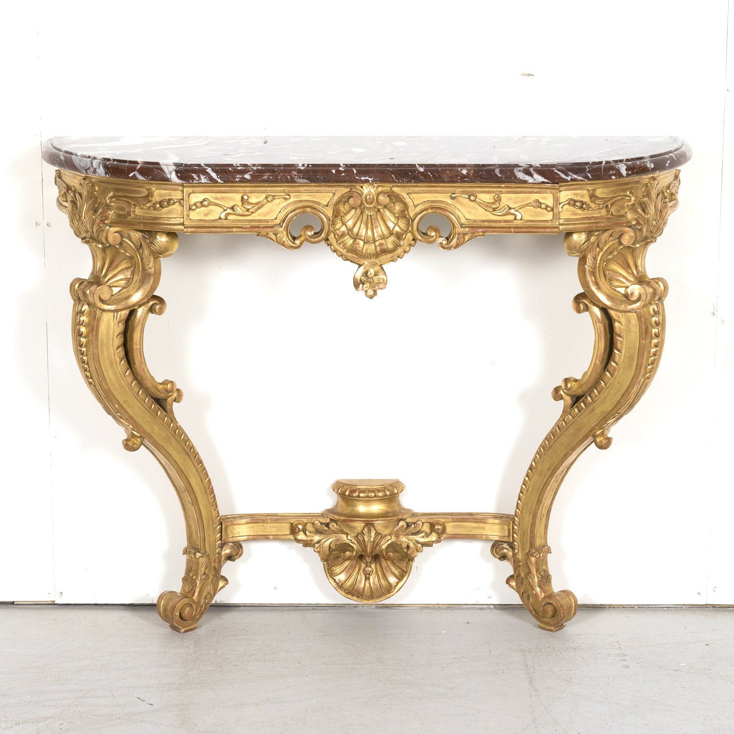 Fine 19th Century French Louis XV Rococo Style Giltwood Wall Console with Marble Top