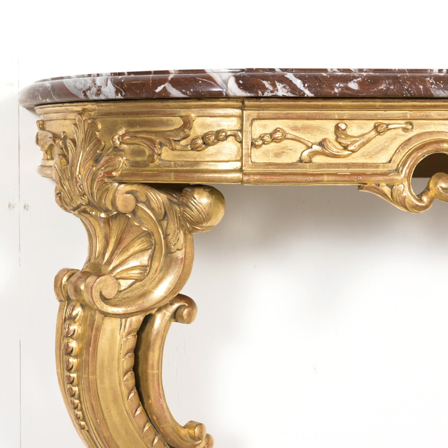 Fine 19th Century French Louis XV Rococo Style Giltwood Wall Console with Marble Top