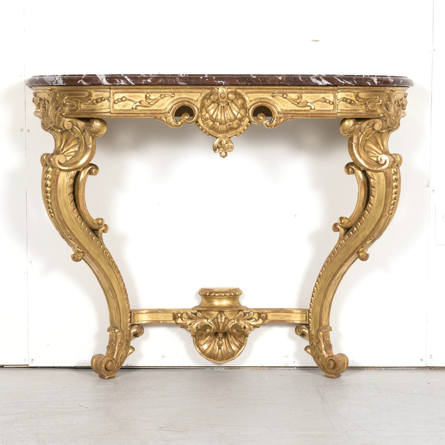 Fine 19th Century French Louis XV Rococo Style Giltwood Wall Console with Marble Top
