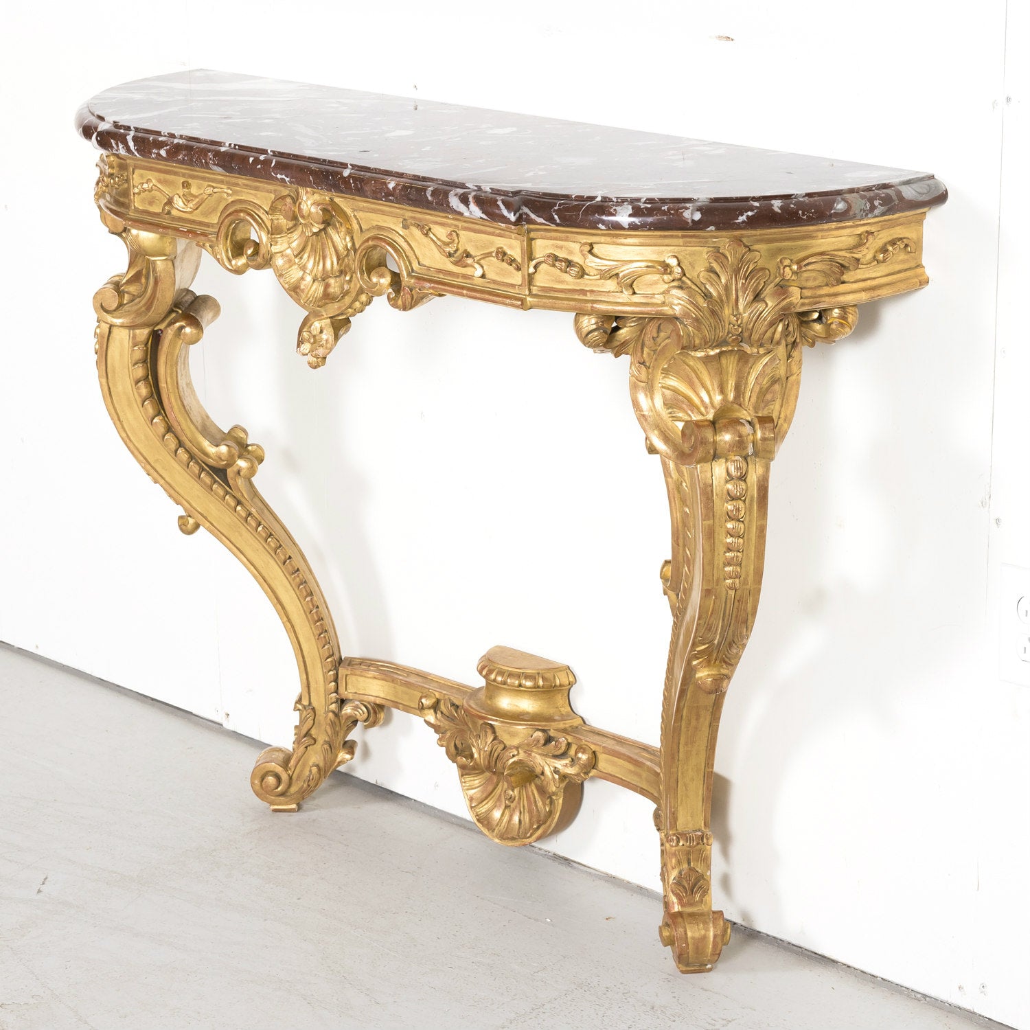 Fine 19th Century French Louis XV Rococo Style Giltwood Wall Console with Marble Top