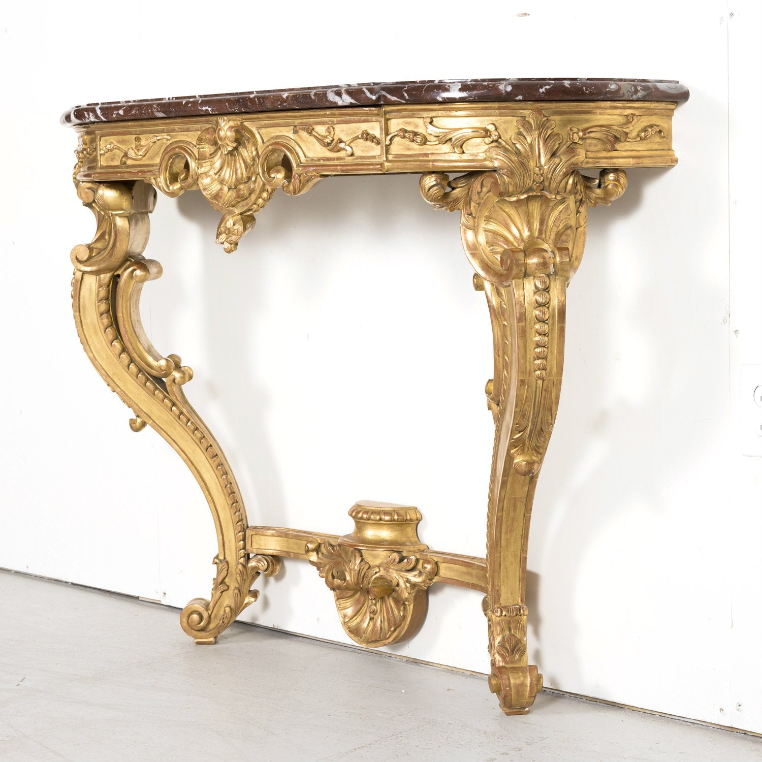 Fine 19th Century French Louis XV Rococo Style Giltwood Wall Console with Marble Top