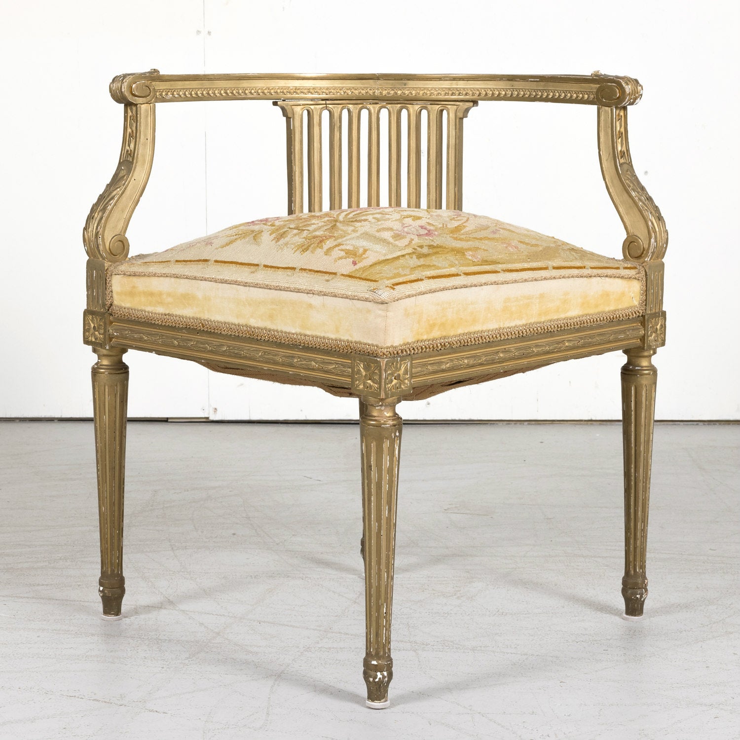 19th Century French Louis XVI Style Giltwood Corner Chair with Original Needlepoint Seat