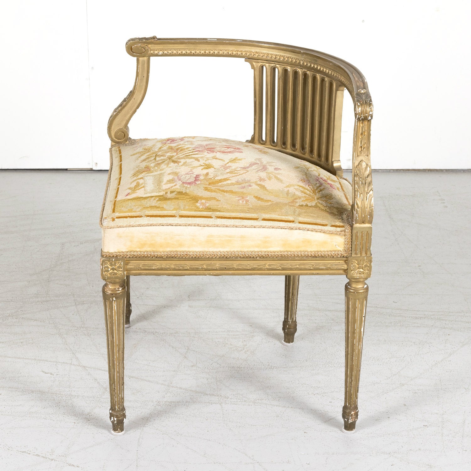 19th Century French Louis XVI Style Giltwood Corner Chair with Original Needlepoint Seat