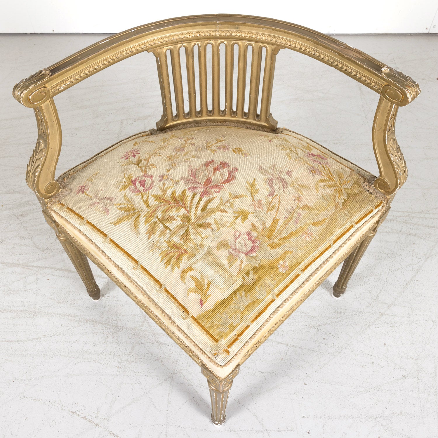 19th Century French Louis XVI Style Giltwood Corner Chair with Original Needlepoint Seat