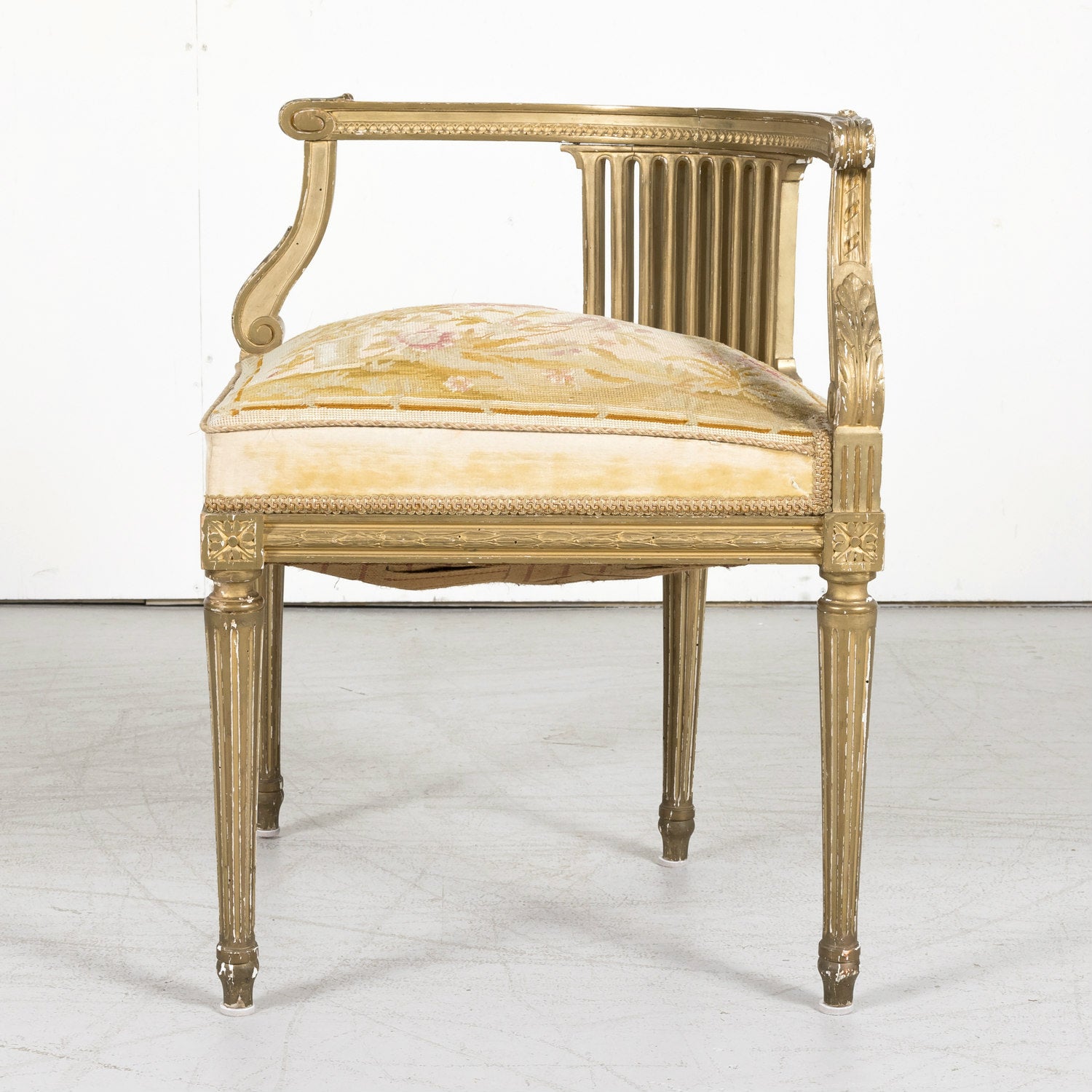 19th Century French Louis XVI Style Giltwood Corner Chair with Original Needlepoint Seat