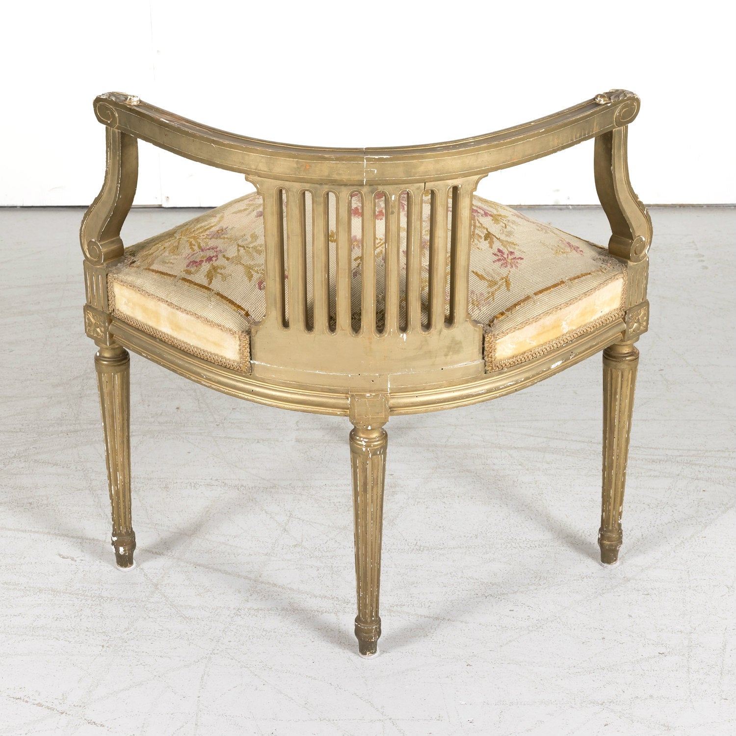 19th Century French Louis XVI Style Giltwood Corner Chair with Original Needlepoint Seat