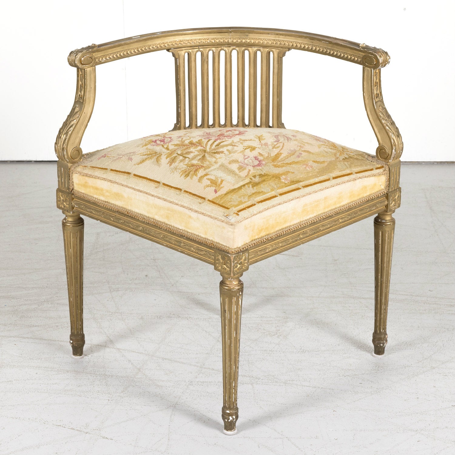 19th Century French Louis XVI Style Giltwood Corner Chair with Original Needlepoint Seat
