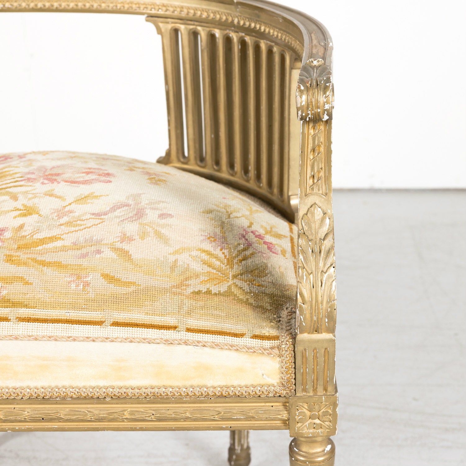 19th Century French Louis XVI Style Giltwood Corner Chair with Original Needlepoint Seat