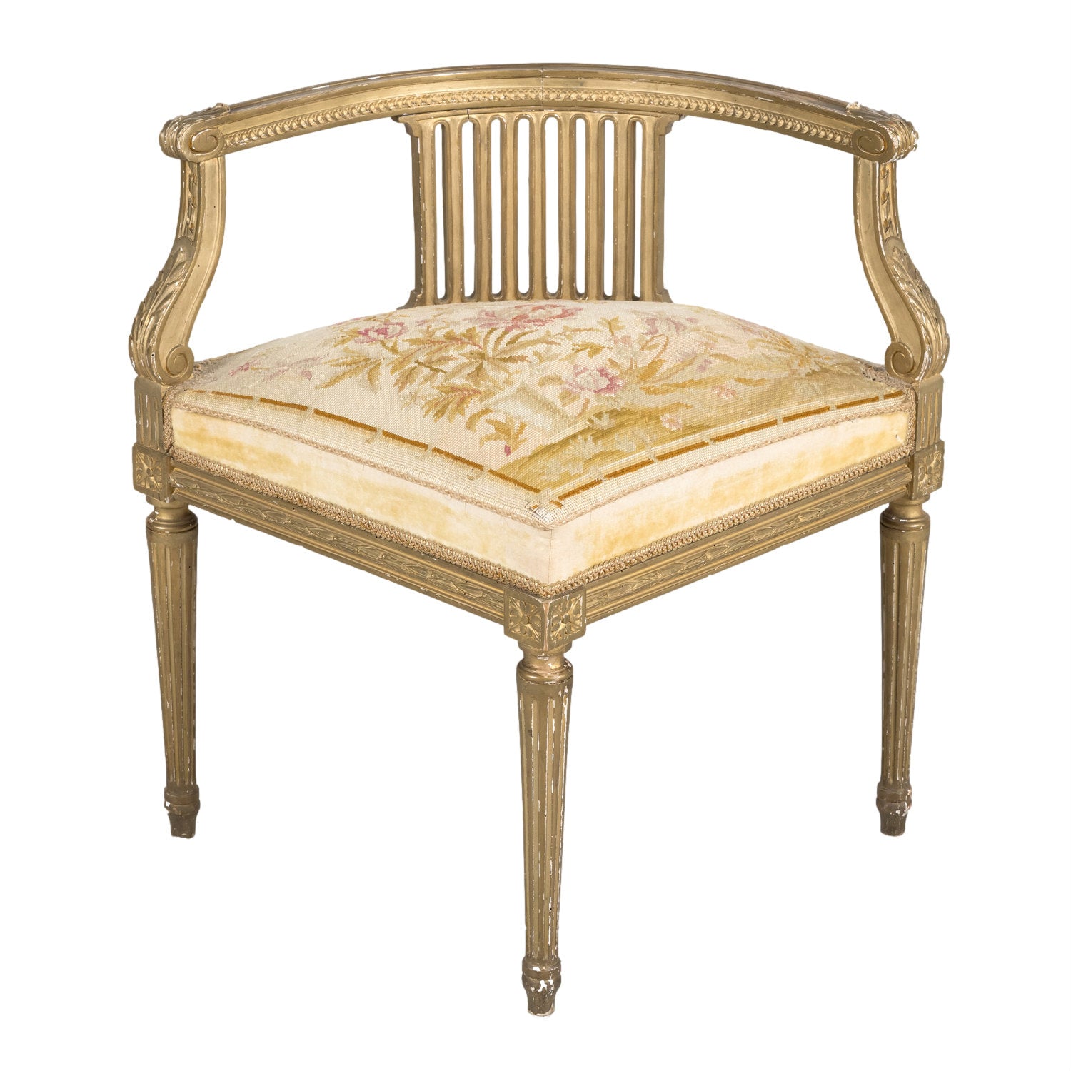 19th Century French Louis XVI Style Giltwood Corner Chair with Original Needlepoint Seat