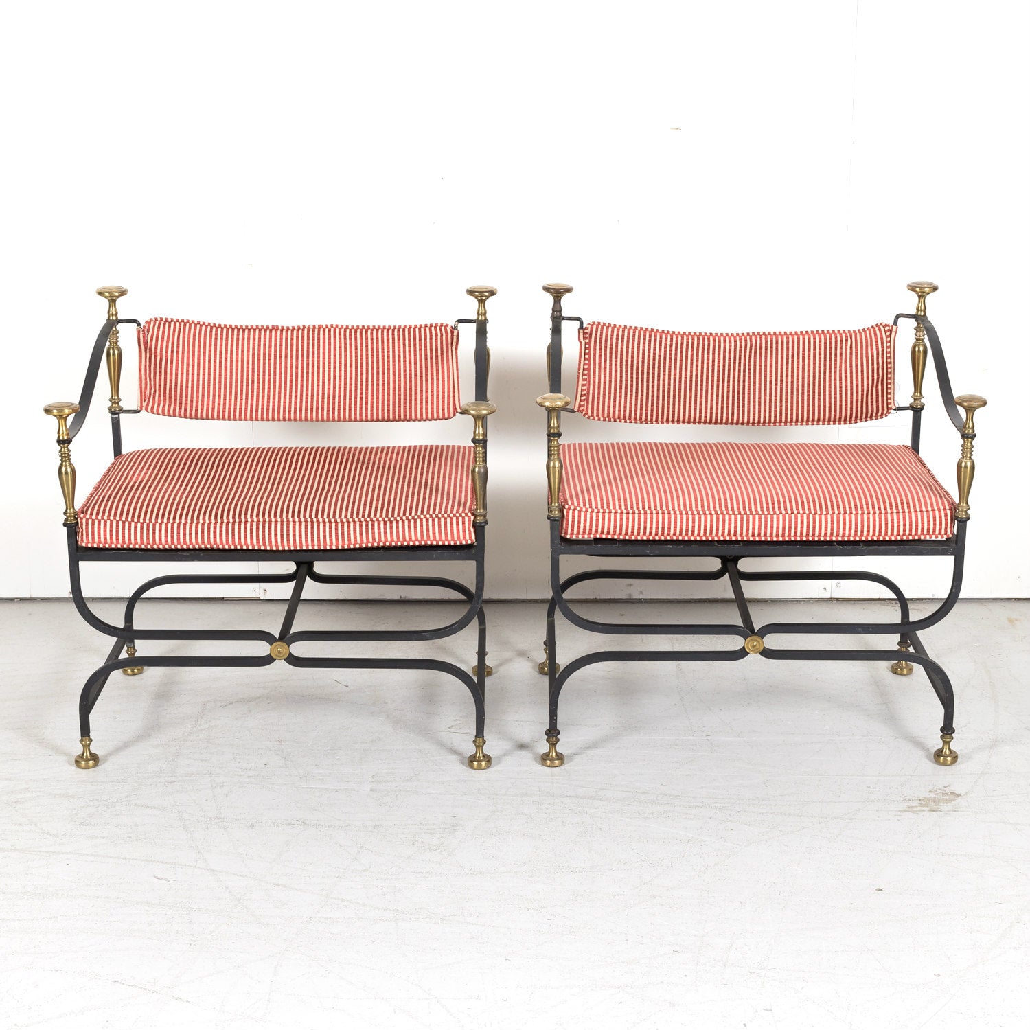 Pair of Italian Iron and Brass Savonarola Chairs with Loose Cushions