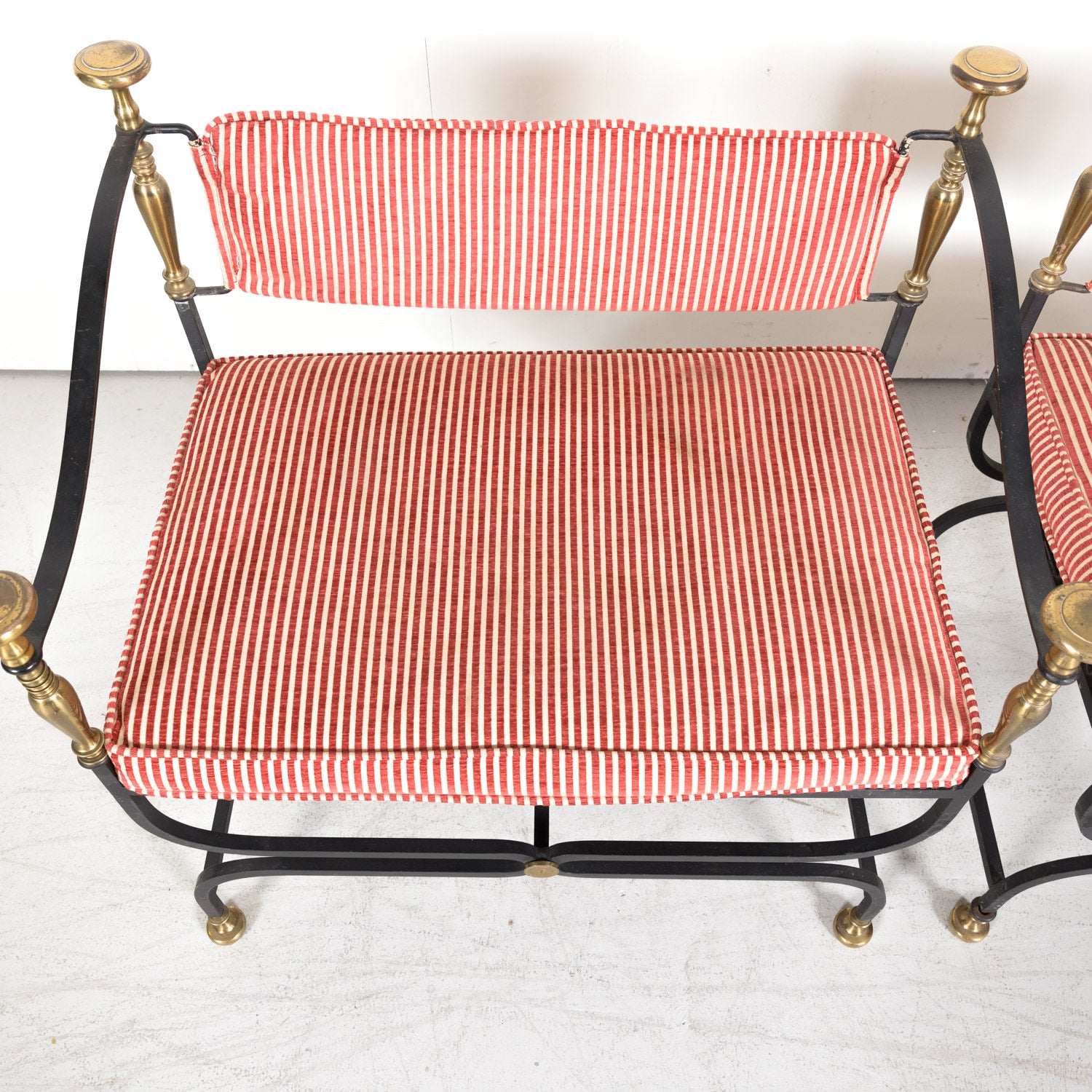 Pair of Italian Iron and Brass Savonarola Chairs with Loose Cushions