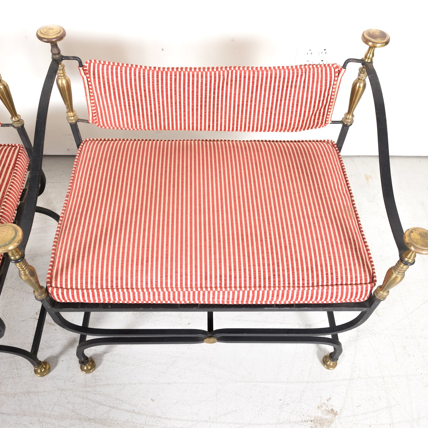 Pair of Italian Iron and Brass Savonarola Chairs with Loose Cushions