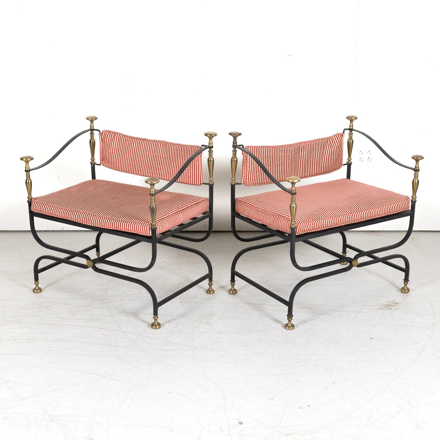 Pair of Italian Iron and Brass Savonarola Chairs with Loose Cushions