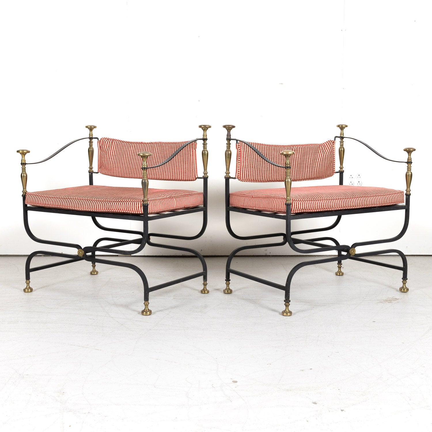 Pair of Italian Iron and Brass Savonarola Chairs with Loose Cushions