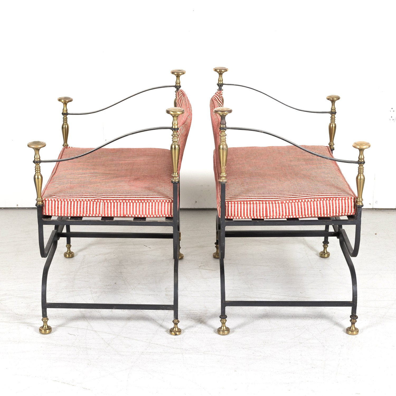 Pair of Italian Iron and Brass Savonarola Chairs with Loose Cushions