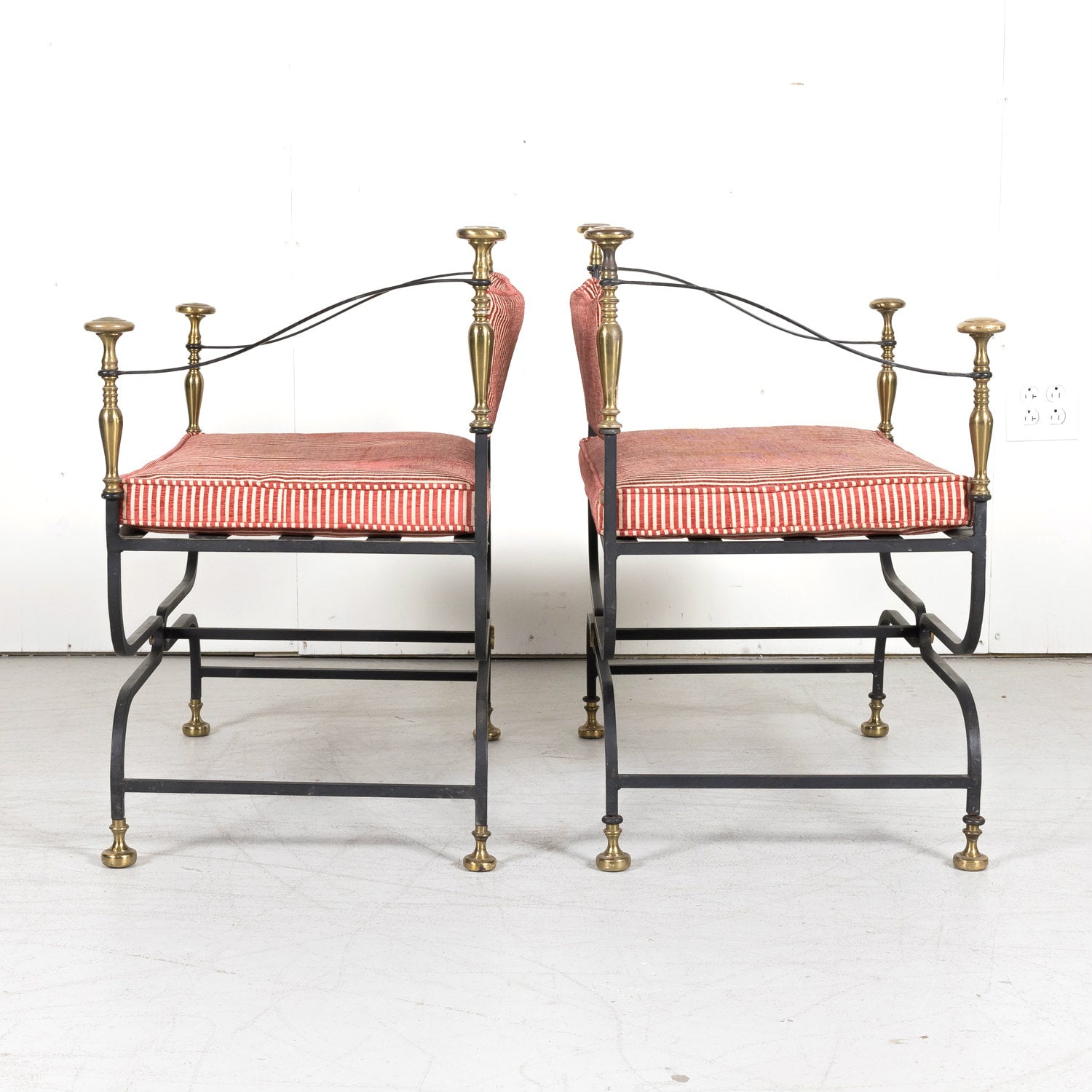 Pair of Italian Iron and Brass Savonarola Chairs with Loose Cushions