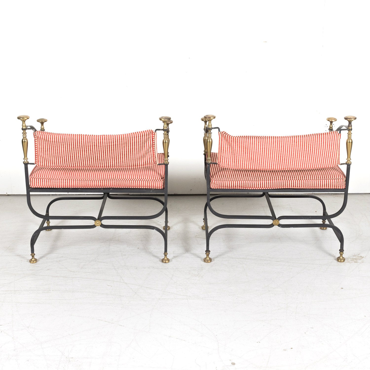 Pair of Italian Iron and Brass Savonarola Chairs with Loose Cushions