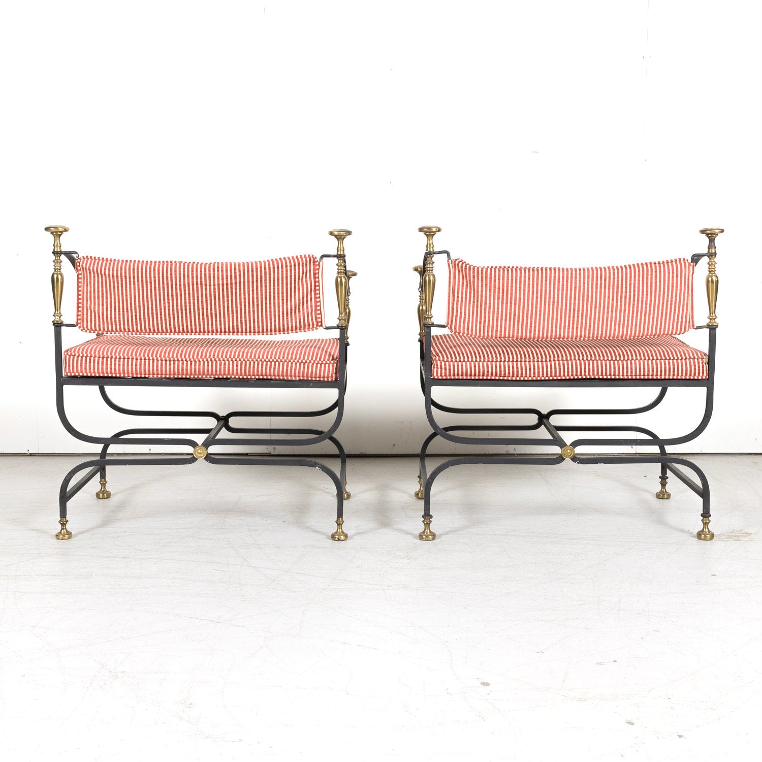 Pair of Italian Iron and Brass Savonarola Chairs with Loose Cushions