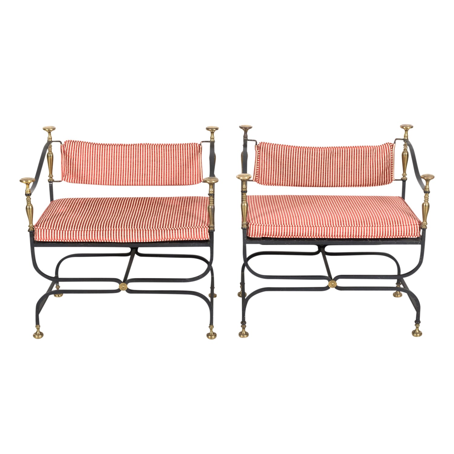 Pair of Italian Iron and Brass Savonarola Chairs with Loose Cushions