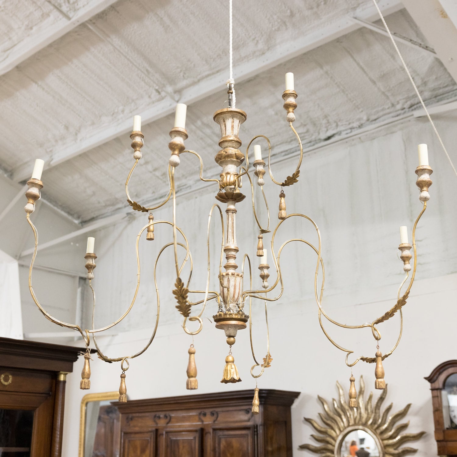Two-Tier Painted and Parcel Gilt French Chandelier with Nine Lights
