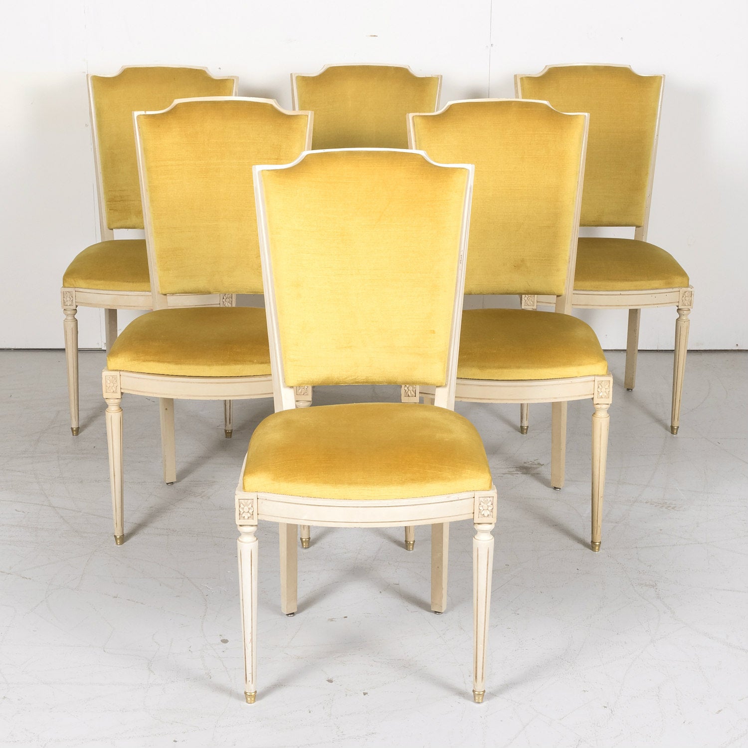 Antique French Louis XVI Style Painted Shield Back Dining Side Chairs, Set of Six