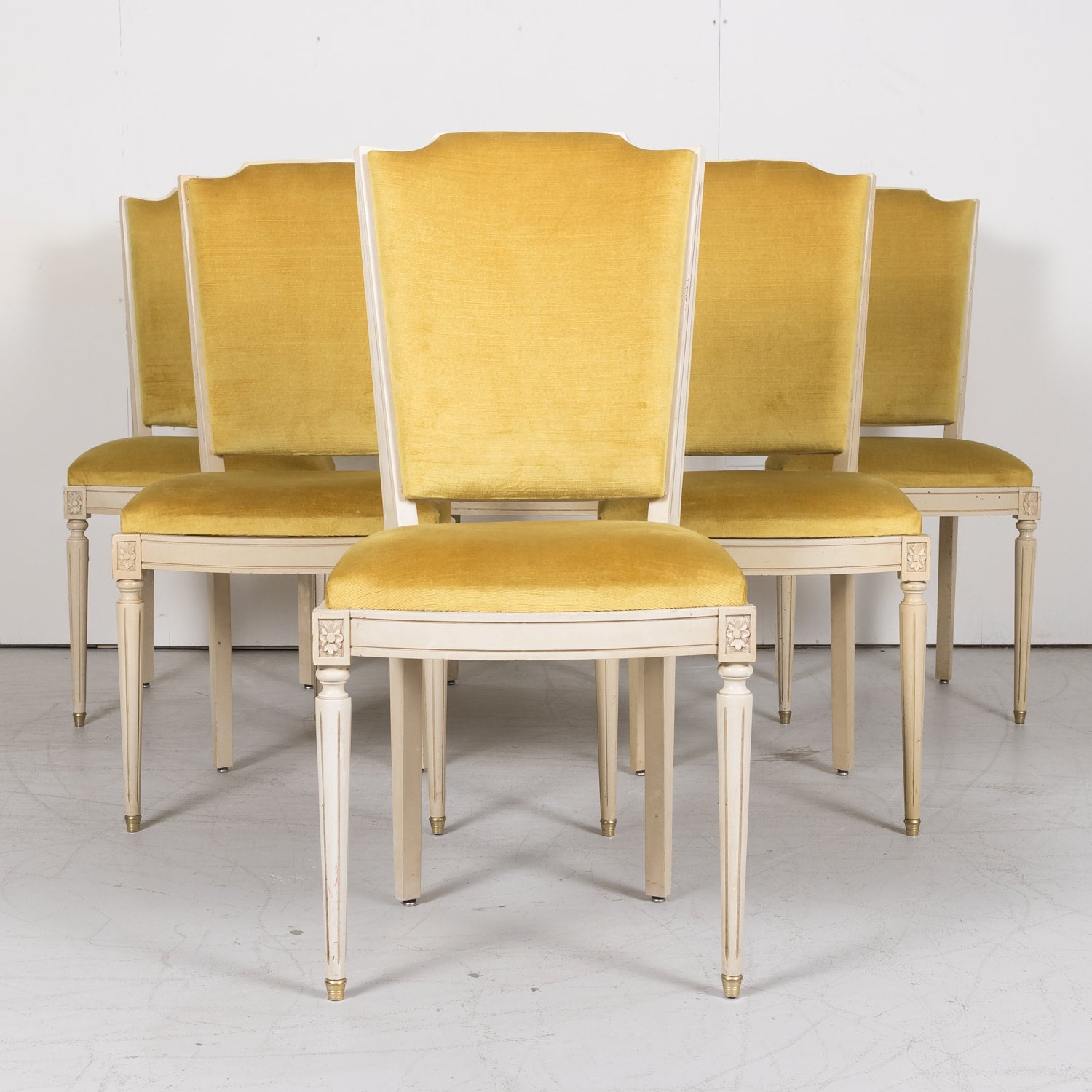 Antique French Louis XVI Style Painted Shield Back Dining Side Chairs, Set of Six