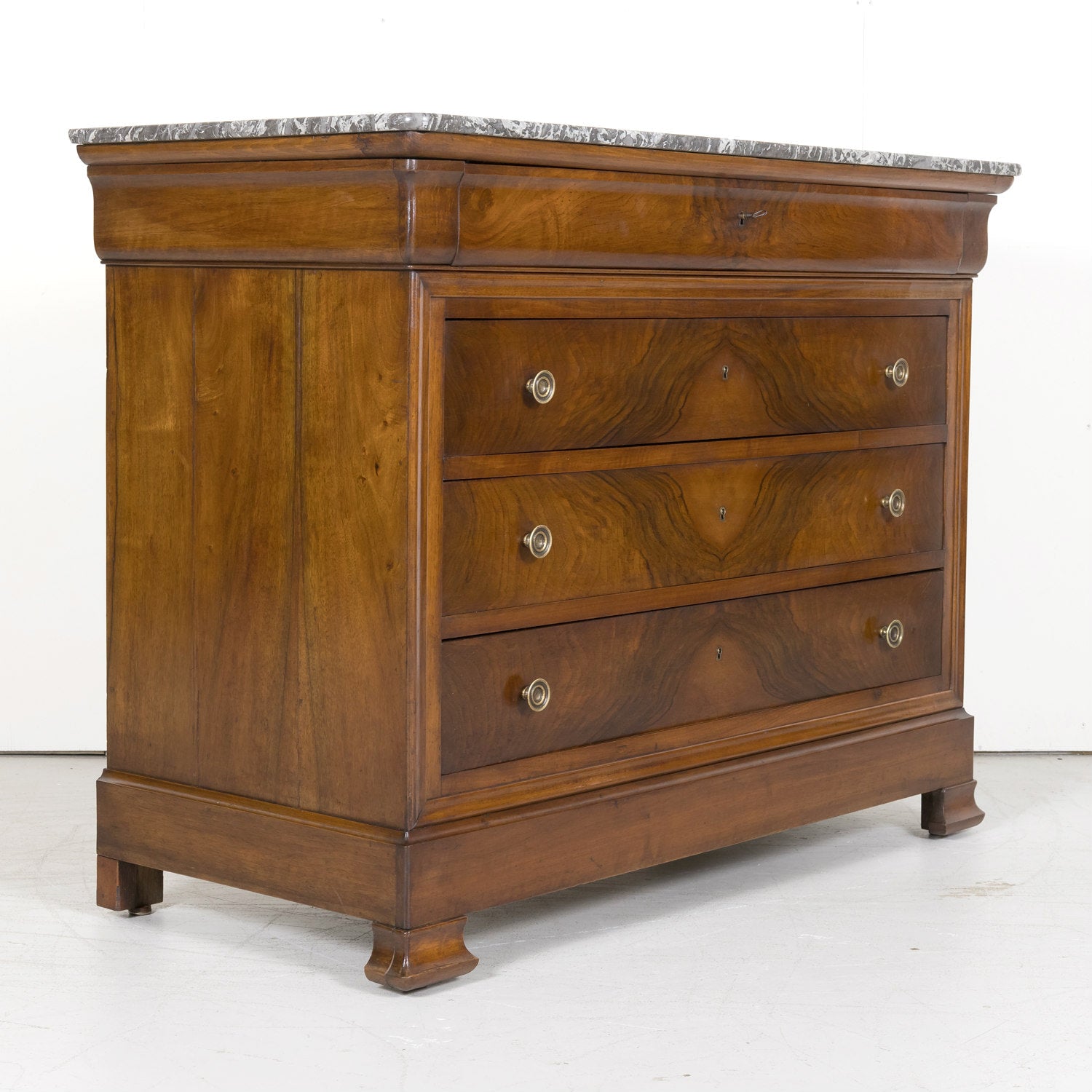 19th Century French Louis Philippe Period Walnut Commode with Bookmatched Front and Marble Top