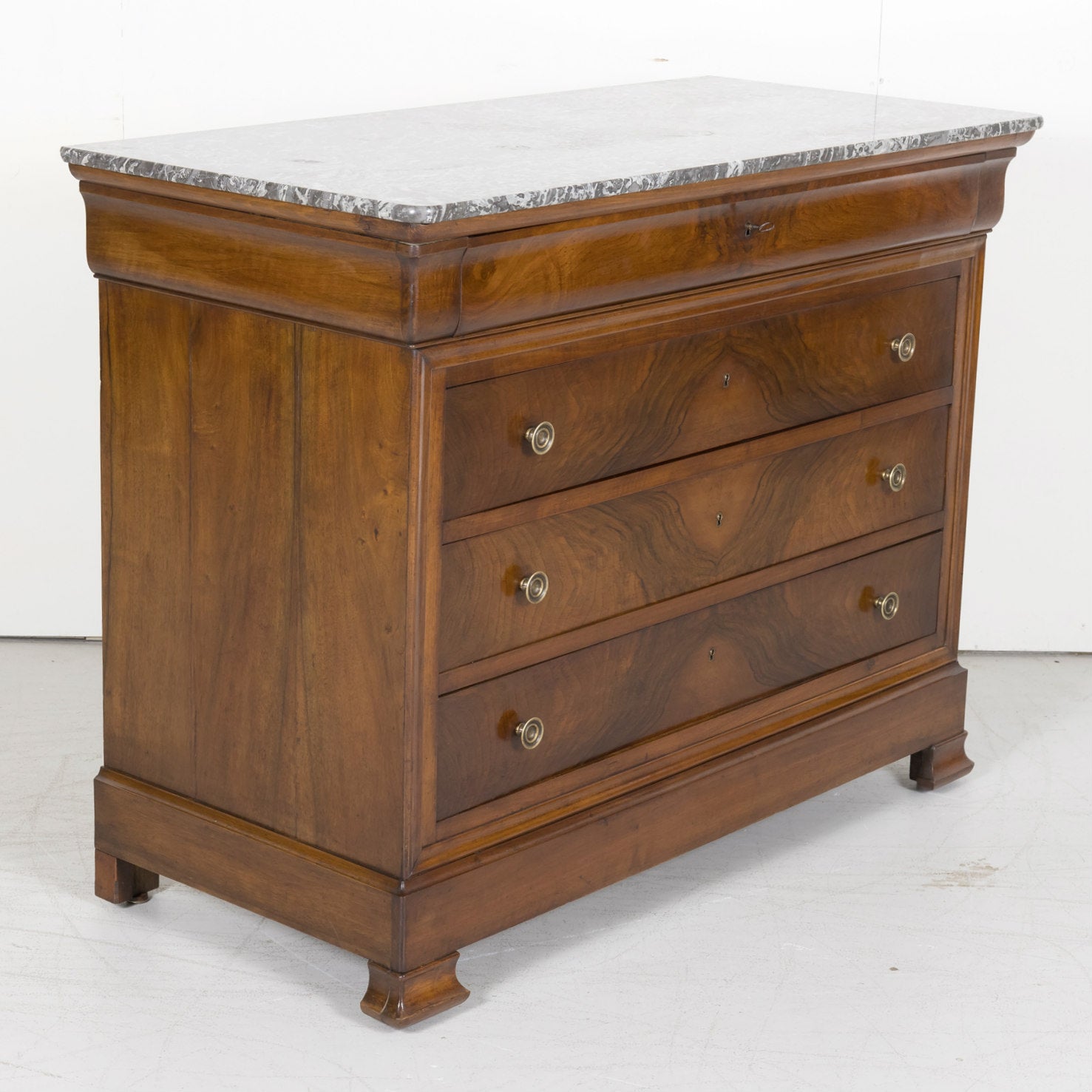 19th Century French Louis Philippe Period Walnut Commode with Bookmatched Front and Marble Top
