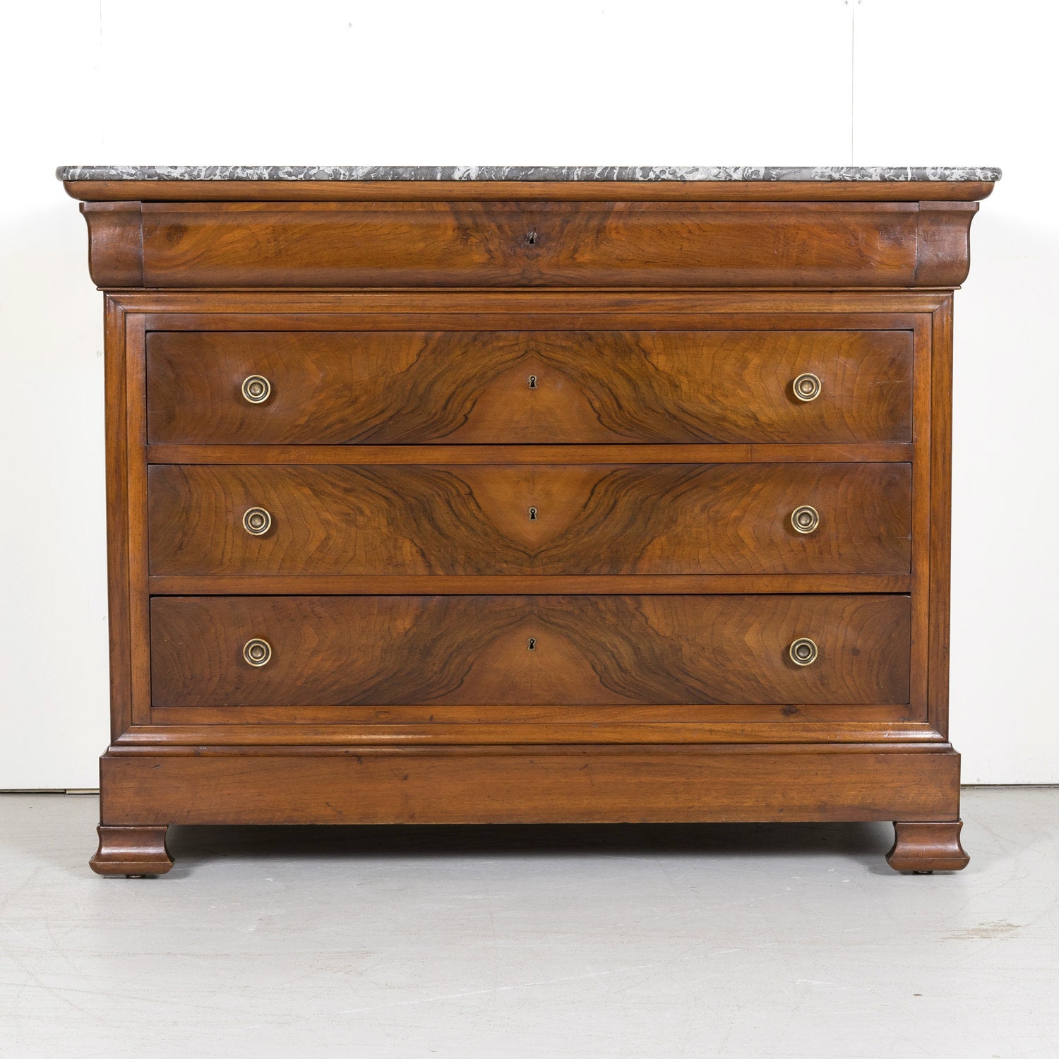 19th Century French Louis Philippe Period Walnut Commode with Bookmatched Front and Marble Top