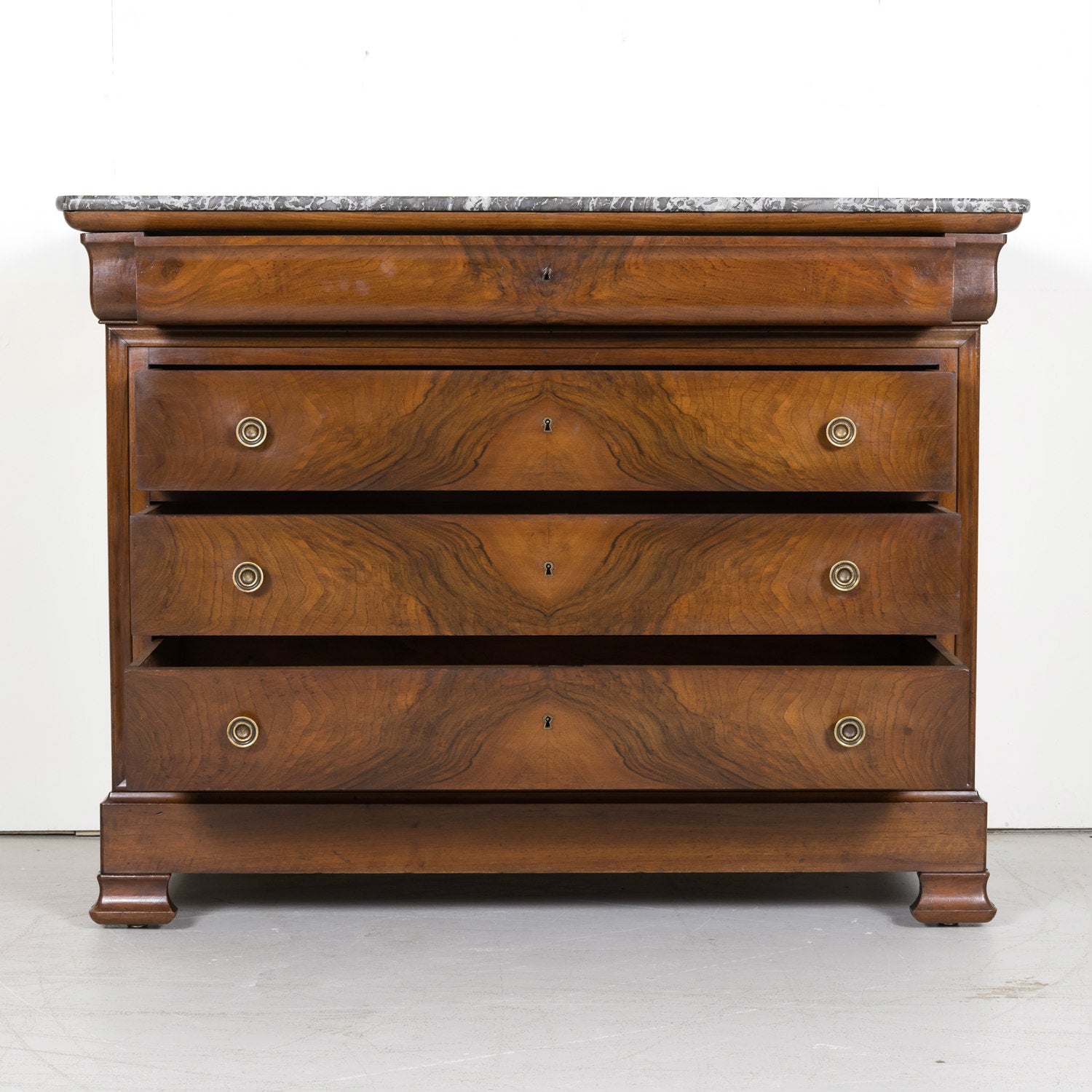 19th Century French Louis Philippe Period Walnut Commode with Bookmatched Front and Marble Top