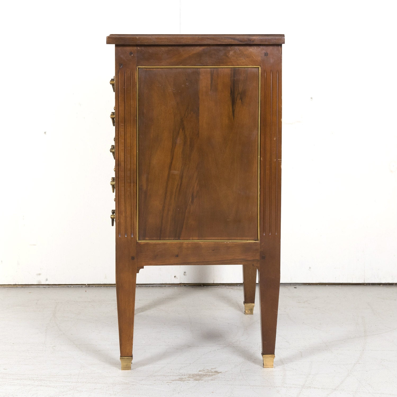 Early 20th Century French Louis XVI Style Petite Five Drawer Walnut Commode