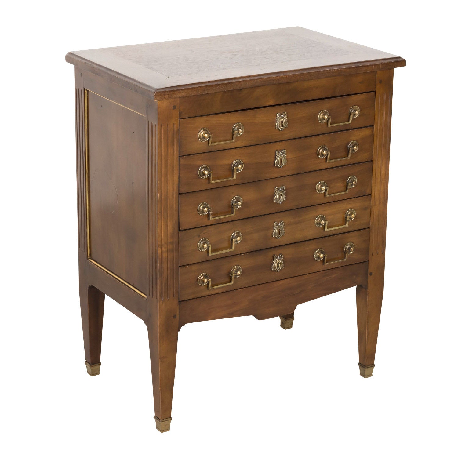 Early 20th Century French Louis XVI Style Petite Five Drawer Walnut Commode