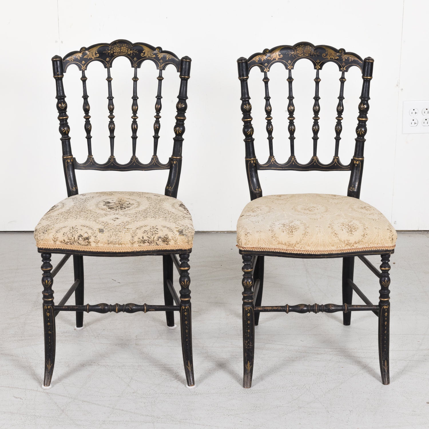 SOLD Pair of Chinoiserie Faux Bamboo Opera Chairs with Velvet Seat from Paris