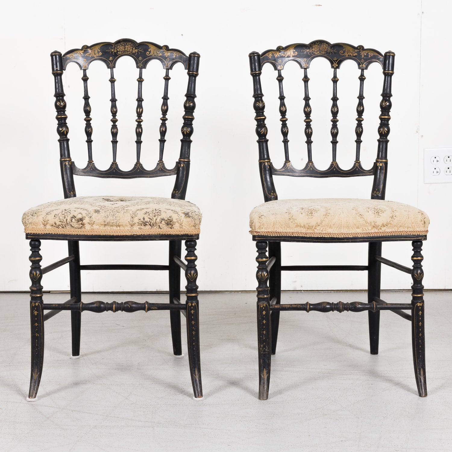 SOLD Pair of Chinoiserie Faux Bamboo Opera Chairs with Velvet Seat from Paris