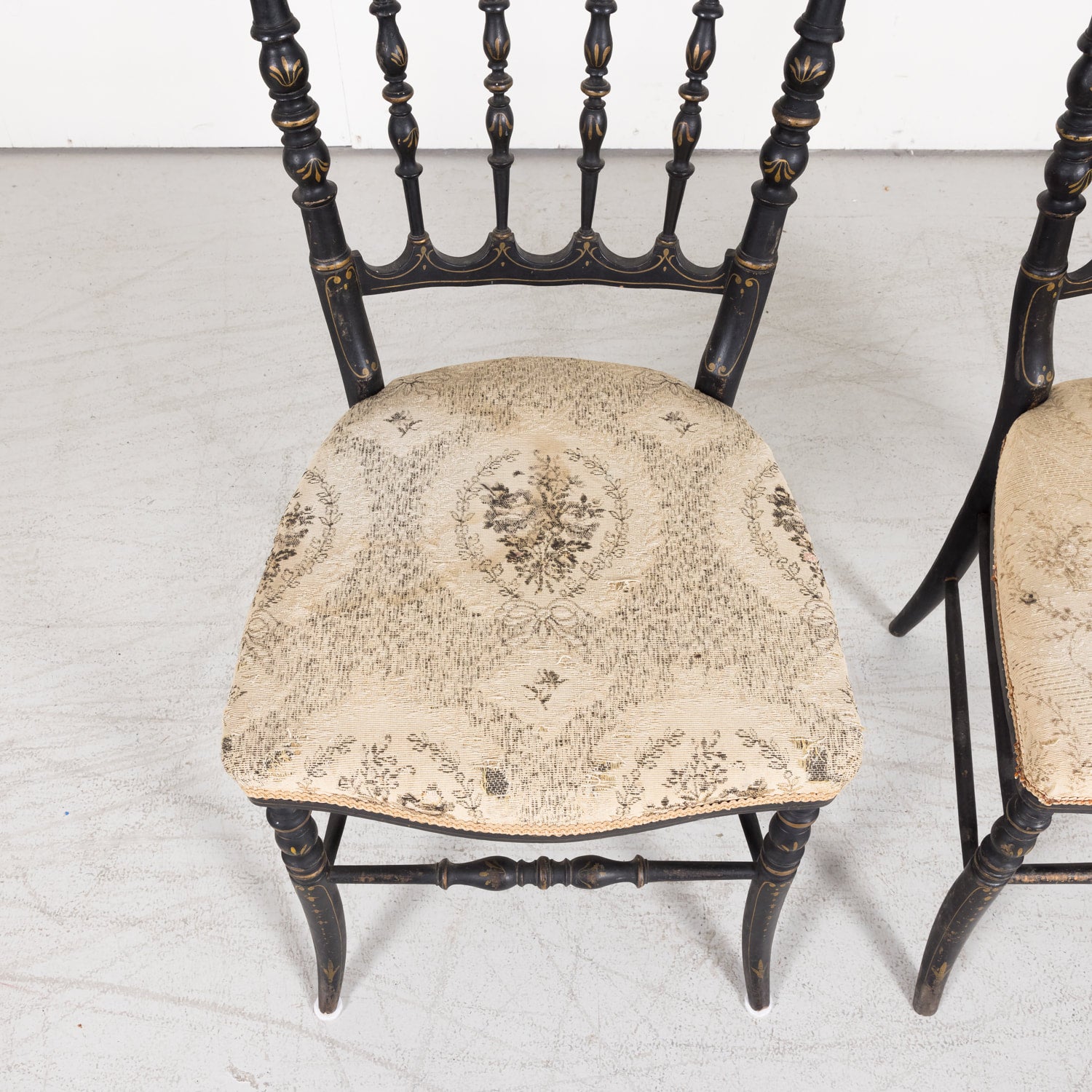 SOLD Pair of Chinoiserie Faux Bamboo Opera Chairs with Velvet Seat from Paris