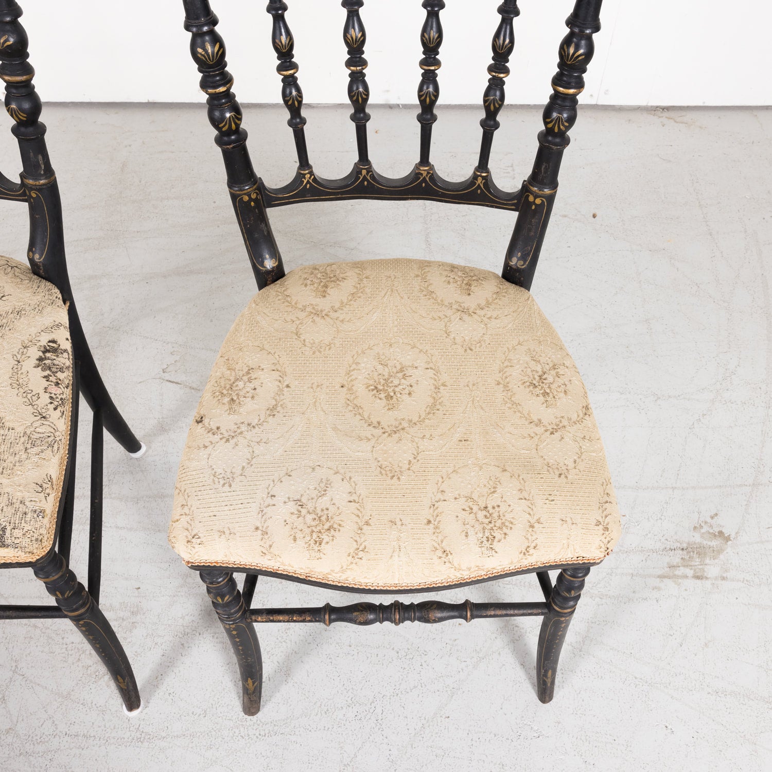 SOLD Pair of Chinoiserie Faux Bamboo Opera Chairs with Velvet Seat from Paris