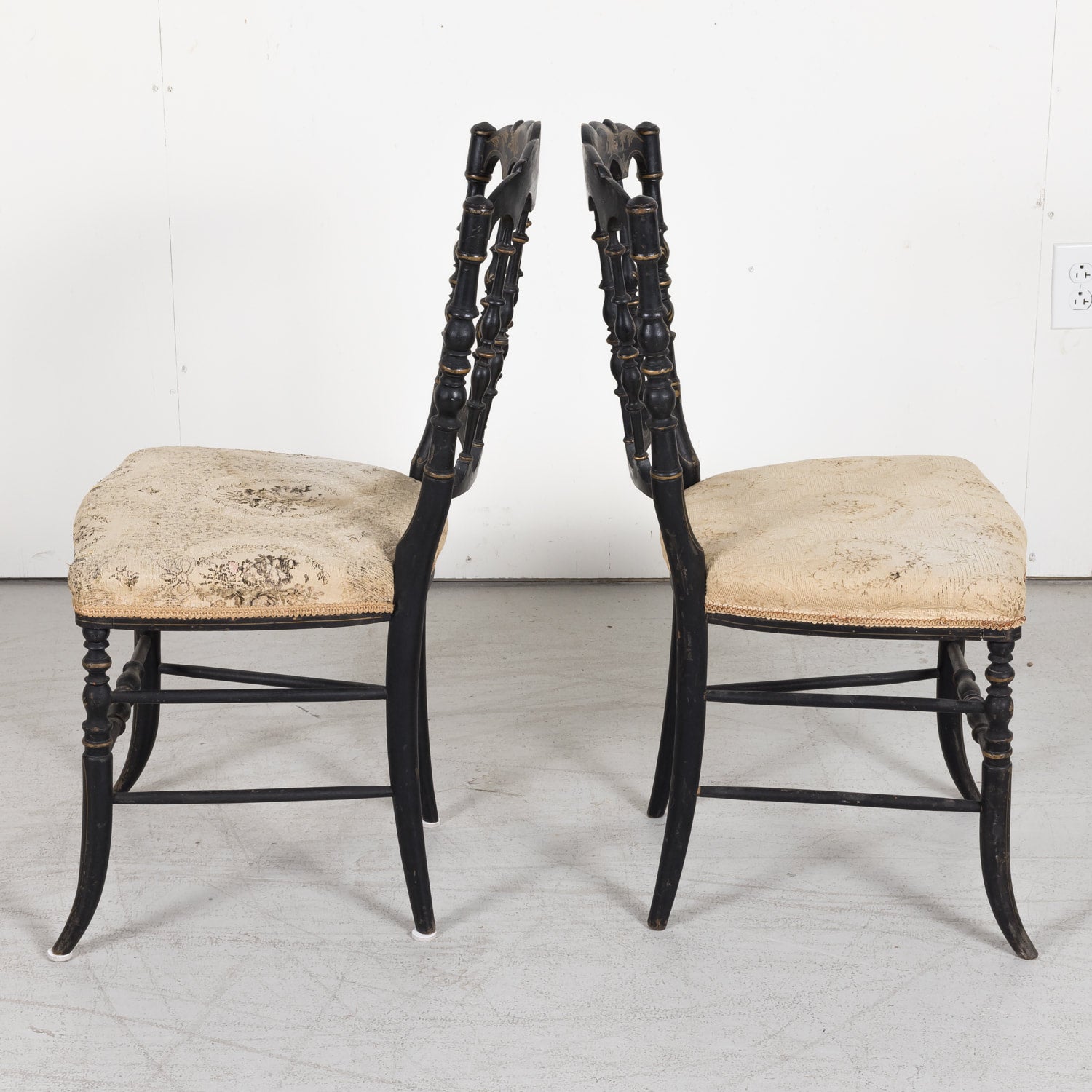 SOLD Pair of Chinoiserie Faux Bamboo Opera Chairs with Velvet Seat from Paris